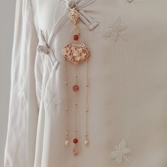 Blooming Flowers Gold Plated Brooch Pin with Tassels | Handmade Lapel Pin #1287B - Picture 4 of 6